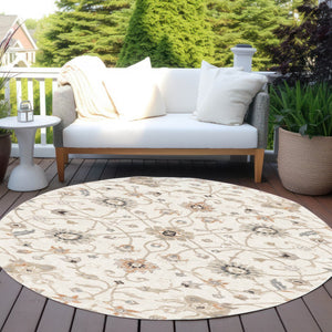 Homeroots 3' Black Brown And Ivory Floral Washable Rug – Perfect For Indoor And Outdoor Spaces, Durable Design 8' Round Polyester 604781