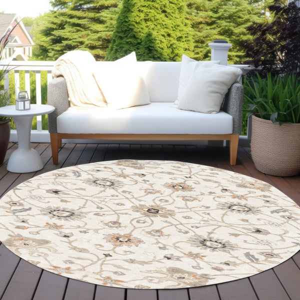 Homeroots 3' Black Brown And Ivory Floral Washable Rug – Perfect For Indoor And Outdoor Spaces, Durable Design 8' Round Polyester 604781