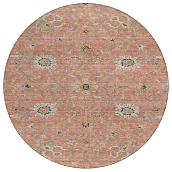 HomeRoots 5' Timeless Floral Indoor Outdoor Area Rug - Washable, Durable, Soft Pink Gray Beige Design for All Spaces 8' Round 604787