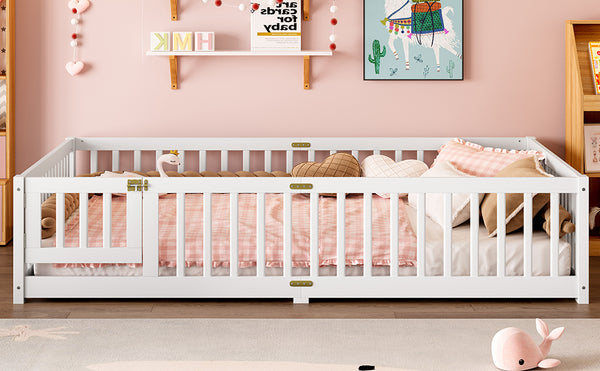 English Elm Queen Kids Floor Bed with Safety Guardrails and Door for Independent Sleep, Pine Frame, 82.7"x62.6" White W1580P338953