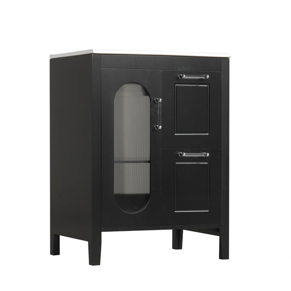 English Elm 24" Modern Bathroom Vanity with Ceramic Sink, Solid Wood & MDF Cabinet, Two Drawers, Shelf Black N725P245273B