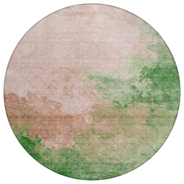 HomeRoots 5' Abstract Pink and Green Area Rug - Durable, Washable, Indoor/Outdoor Versatile Design for Any Space 8' Round 604817