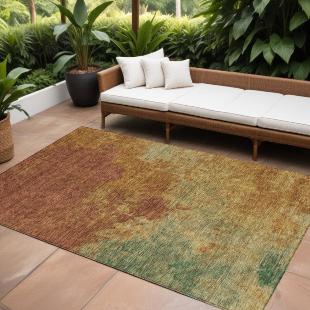 HomeRoots 9' X 12' Stylish Terra Cotta Copper Green Abstract Washable Rug for Indoor/Outdoor Spaces 604825