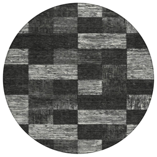HomeRoots 5' Modern Black and Gray Geometric Area Rug - Washable, Durable Design for Indoor and Outdoor Use 8' Round 604853