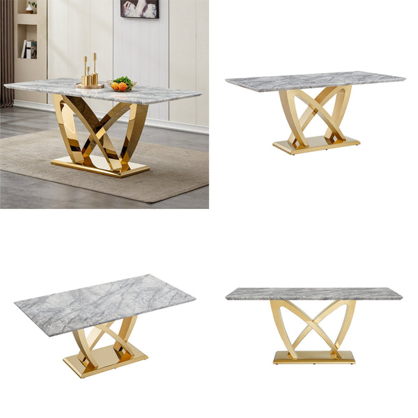 English Elm Marble Dining Table For 6 – Stylish 70'' Rectangle Faux Marble Top With Gold Stainless Steel Base W3456S00053