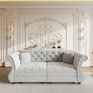 English Elm 83.8" Chesterfield Sleeper Sofa Velvet Upholstered with Flower Tufting for Living Room Light Grey W1885S00401