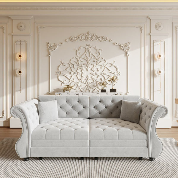 English Elm 83.8" Chesterfield Sleeper Sofa Velvet Upholstered with Flower Tufting for Living Room Light Grey W1885S00401