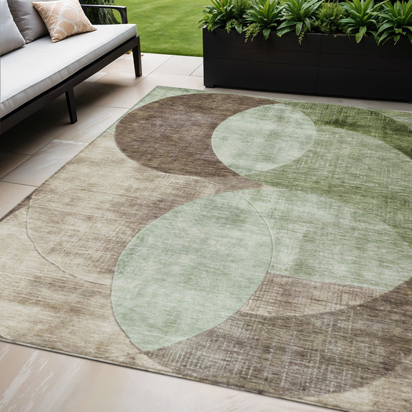 Homeroots 3' Geometric Artichoke Green, Brown & Beige Washable Indoor-outdoor Area Rug For Versatile Style 5' X 8' Polyester 604900