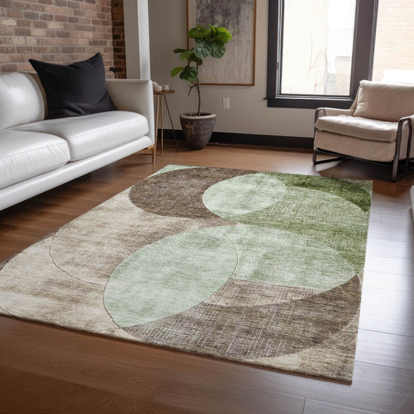 Homeroots 3' Geometric Artichoke Green, Brown & Beige Washable Indoor-outdoor Area Rug For Versatile Style 5' X 8' Polyester 604900