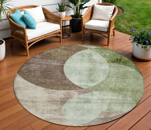 Homeroots 3' Geometric Artichoke Green, Brown & Beige Washable Indoor-outdoor Area Rug For Versatile Style 8' Round Polyester 604901