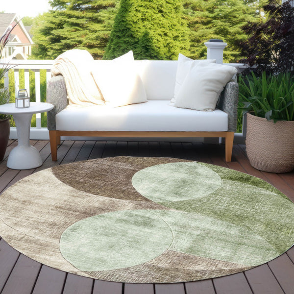 Homeroots 3' Geometric Artichoke Green, Brown & Beige Washable Indoor-outdoor Area Rug For Versatile Style 8' Round Polyester 604901