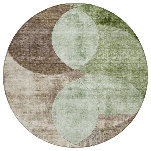 HomeRoots 5' Timeless Artichoke Green and Brown Geometric Area Rug for Indoor and Outdoor Use, Washable Comfort 8' Round 604901