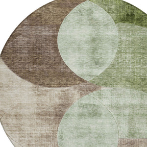 Homeroots 3' Geometric Artichoke Green, Brown & Beige Washable Indoor-outdoor Area Rug For Versatile Style 8' Round Polyester 604901