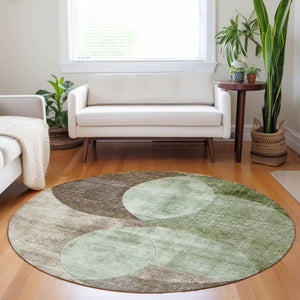 Homeroots 3' Geometric Artichoke Green, Brown & Beige Washable Indoor-outdoor Area Rug For Versatile Style 8' Round Polyester 604901