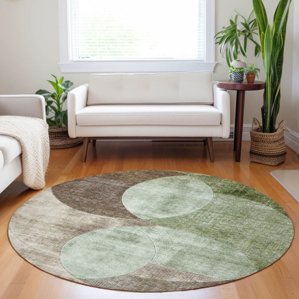 Homeroots 3' Geometric Artichoke Green, Brown & Beige Washable Indoor-outdoor Area Rug For Versatile Style 8' Round Polyester 604901