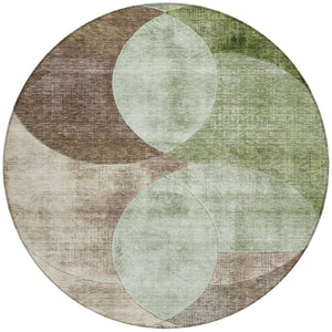 Homeroots 3' Geometric Artichoke Green, Brown & Beige Washable Indoor-outdoor Area Rug For Versatile Style 8' Round Polyester 604901
