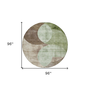 Homeroots 3' Geometric Artichoke Green, Brown & Beige Washable Indoor-outdoor Area Rug For Versatile Style 8' Round Polyester 604901