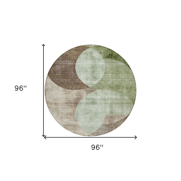 Homeroots 3' Geometric Artichoke Green, Brown & Beige Washable Indoor-outdoor Area Rug For Versatile Style 8' Round Polyester 604901