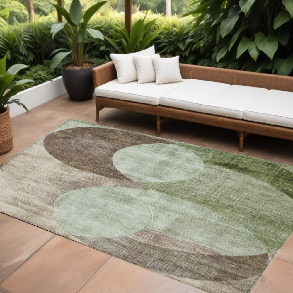 HomeRoots 5' Timeless Artichoke Green and Brown Geometric Area Rug for Indoor and Outdoor Use, Washable Comfort 10' X 14' 604904