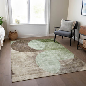 Homeroots 3' Geometric Artichoke Green, Brown & Beige Washable Indoor-outdoor Area Rug For Versatile Style 10' X 14' Polyester 604904