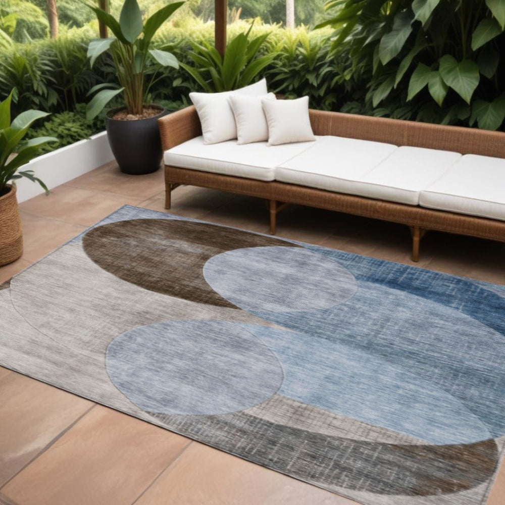 HomeRoots 9' X 12' Washable Geometric Area Rug in Denim Blue, Brown & Beige – Ideal for Indoor & Outdoor Spaces 604909