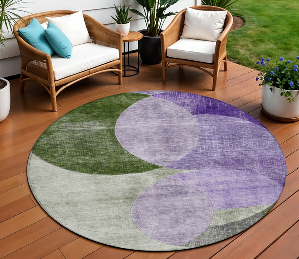 Homeroots 3' Geometric Artichoke Green, Brown & Beige Washable Indoor-outdoor Area Rug For Versatile Style 8' Round Polyester 604919