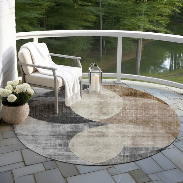 Homeroots 3' Geometric Artichoke Green, Brown & Beige Washable Indoor-outdoor Area Rug For Versatile Style 8' Round Polyester 604931