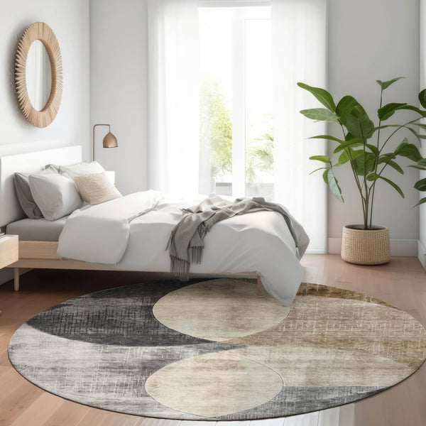 Homeroots 3' Geometric Artichoke Green, Brown & Beige Washable Indoor-outdoor Area Rug For Versatile Style 8' Round Polyester 604931