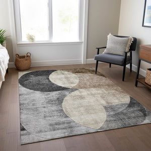 HomeRoots 9' X 12' Contemporary Pewter Brown & Charcoal Geometric Rug - Washable, Stylish & Durable for Indoors Outdoors 604933