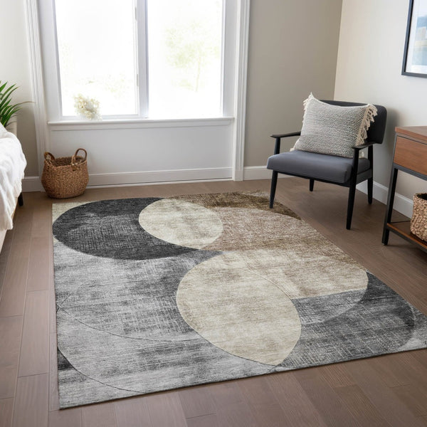 HomeRoots 9' X 12' Contemporary Pewter Brown & Charcoal Geometric Rug - Washable, Stylish & Durable for Indoors Outdoors 604933