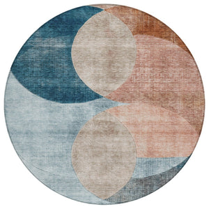 HomeRoots 5' Bold Rust Beige and Teal Blue Geometric Area Rug - Stylish, Washable, Indoor-Outdoor Versatility 8' Round 604937