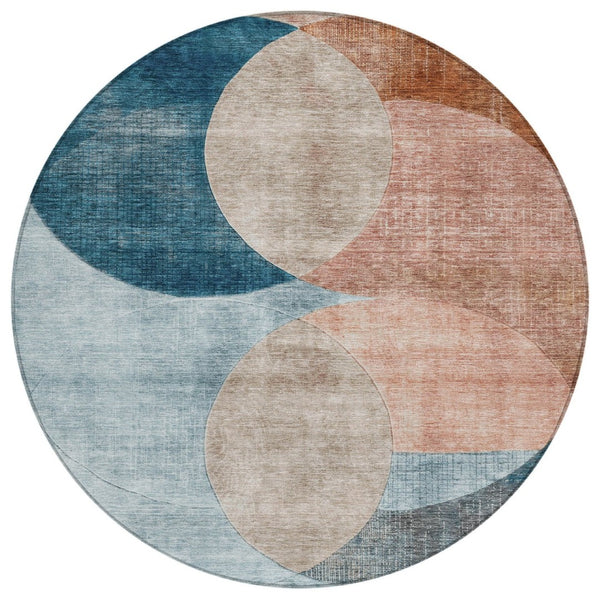 HomeRoots 5' Bold Rust Beige and Teal Blue Geometric Area Rug - Stylish, Washable, Indoor-Outdoor Versatility 8' Round 604937