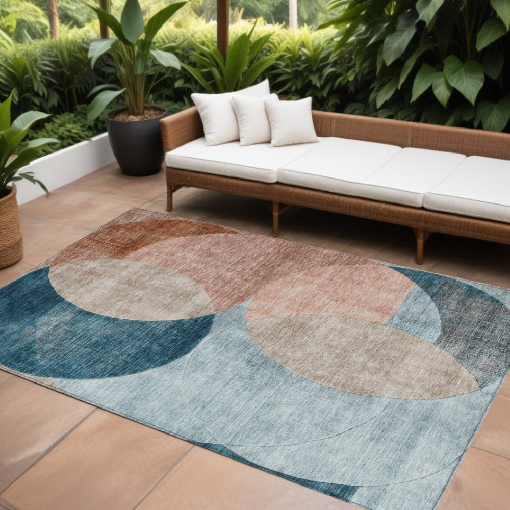 HomeRoots 9' X 12' Washable Geometric Area Rug in Rust Beige & Teal Blue - Durable, Stain-Resistant Design! 604939
