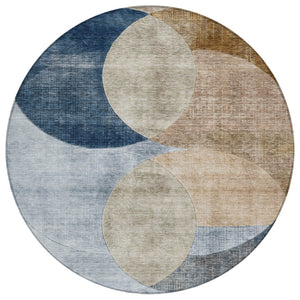 HomeRoots 5' Modern Geometric Area Rug in Sky Blue, Brown, and Beige - Durable, Washable for Indoor/Outdoor Use 8' Round 604949