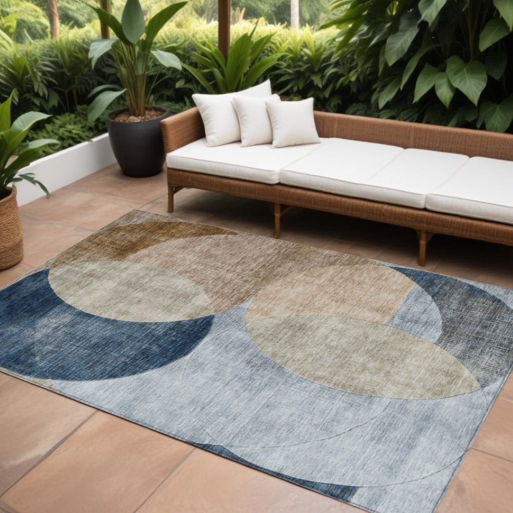 HomeRoots 5' Modern Geometric Area Rug in Sky Blue, Brown, and Beige - Durable, Washable for Indoor/Outdoor Use 10' X 14' 604952