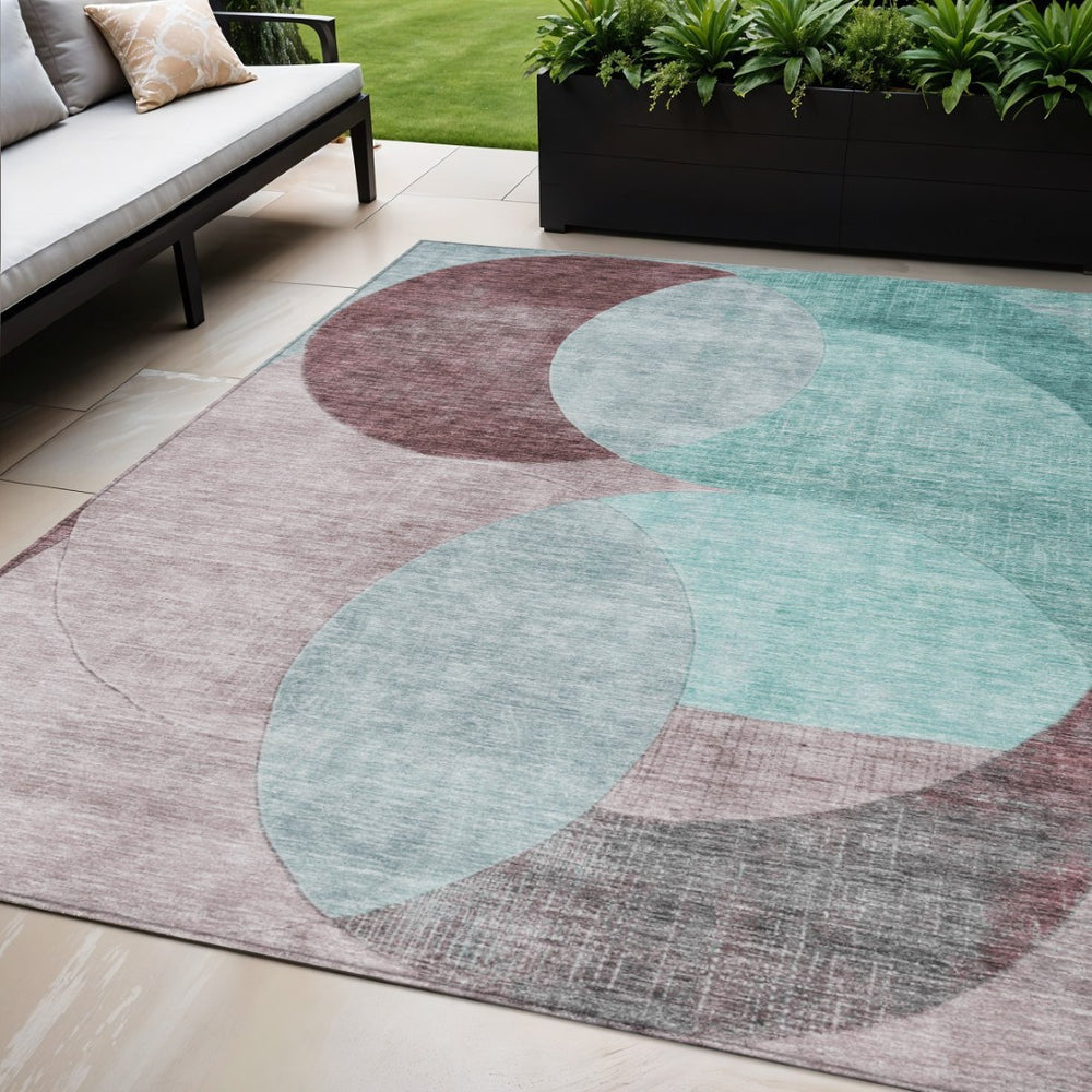 HomeRoots 5' Stylish Teal Blue Brown and Beige Geometric Washable Area Rug for Indoor and Outdoor Spaces 5' X 8' 604954