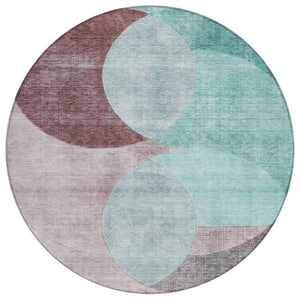 HomeRoots 5' Stylish Teal Blue Brown and Beige Geometric Washable Area Rug for Indoor and Outdoor Spaces 8' Round 604955