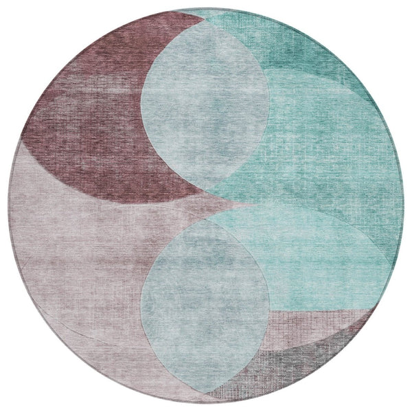 HomeRoots 5' Stylish Teal Blue Brown and Beige Geometric Washable Area Rug for Indoor and Outdoor Spaces 8' Round 604955
