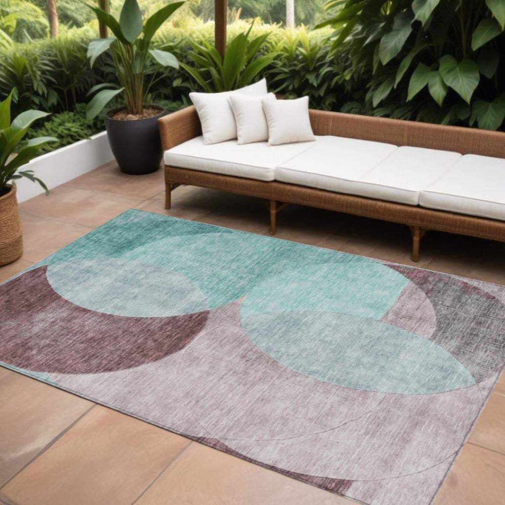 HomeRoots 9' X 12' Washable Teal Blue, Brown, and Beige Geometric Area Rug for Indoor & Outdoor Use 604957
