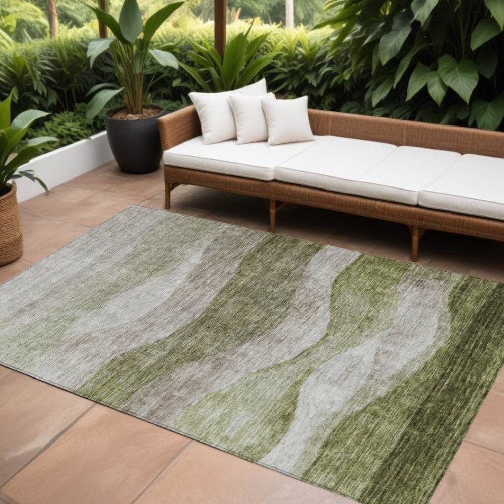 HomeRoots 5' Stylish Green and Beige Abstract Area Rug – Durable, Washable, Perfect for Indoor and Outdoor Use 10' X 14' 604976