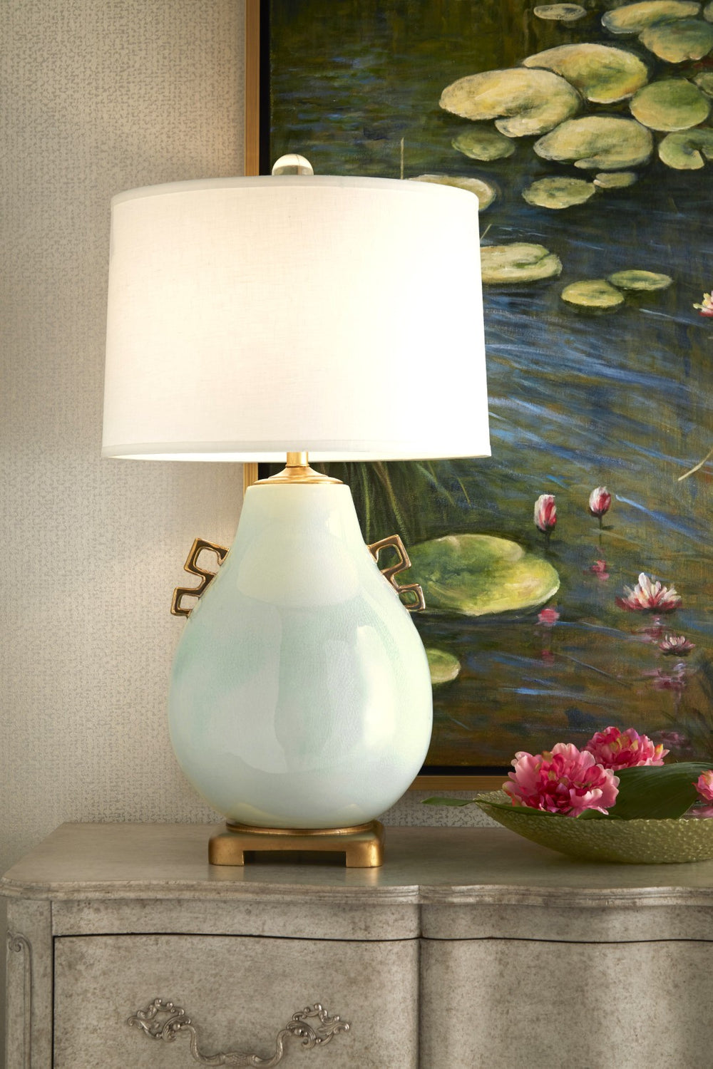 Wildwood Ming Sculptural Lamp In Robin’S Egg Blue With Gold Leaf Base, 33.5" Ceramic Accent Light For Rooms 60499