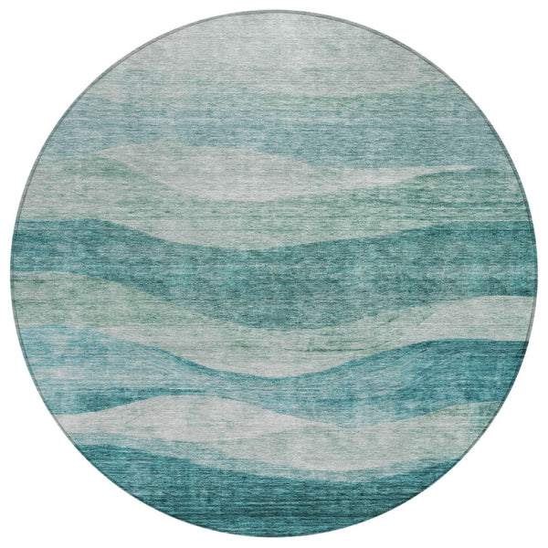 HomeRoots 5' Vibrant Teal Blue and Aqua Abstract Washable Area Rug for Indoor and Outdoor Living Spaces 8' Round 604991
