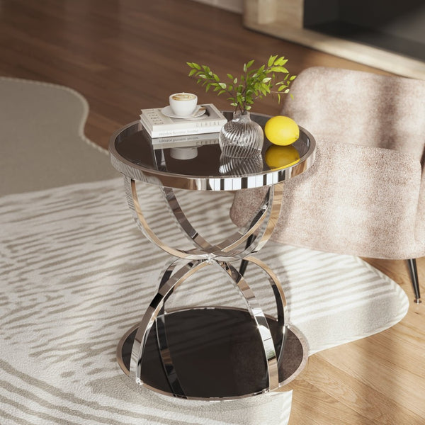 English Elm 19.69'' Round Chrome Side Table Dual Tier Gray Tempered Glass Glam Modern Accent W757P412806