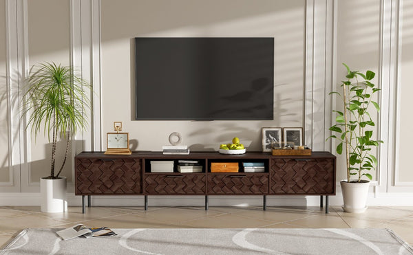 English Elm 78 Inch Walnut Media Console with Slatted Doors Iron Legs and Cable Management N710P373605Q