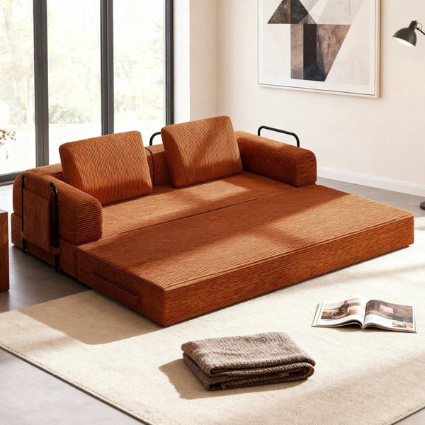 English Elm 78 Inch Corduroy Convertible Sofa Sleeper Futon with Foldable Armrests for Studio Rooms Orange W5385P455029