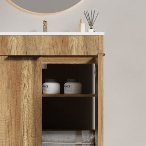 English Elm 30 Inch Floating Bathroom Vanity Fluted Wood Grain Front with Ceramic Integrated Sink W3520S00046