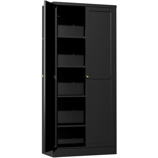 English Elm 61" Matte Black Steel Freestanding Pantry Cabinet with 4 Adjustable Shelves Modern Farmhouse T2398P465983