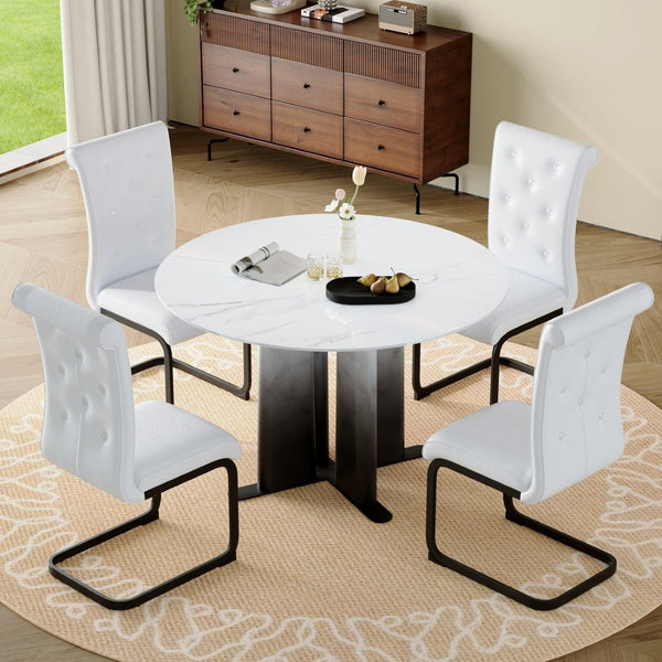 English Elm Modern Faux Marble Round Dining Set Tufted Pvc Chairs Metal Base Seats Four W3875S00068