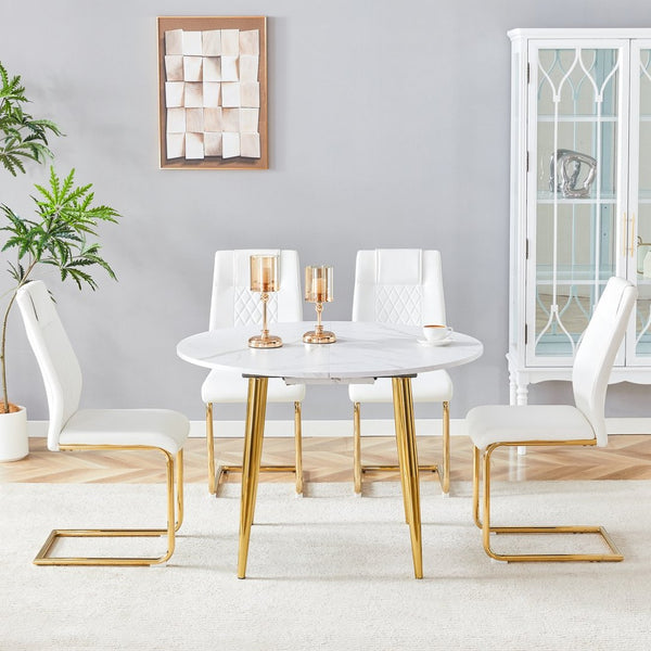 English Elm Table and Chair Set Extendable Mdf Round Oval Dining with Gold Arched Legs White+Gold W1151S03950