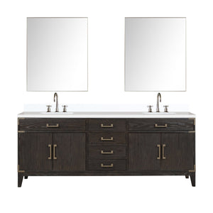 English Elm Brown Oak Double Bath Vanity Set With White Quartz Top, Chrome Faucets & 36" Mirrors For Elegance B2731S01879